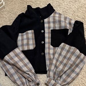 Plaid and Black Button-Up Jacket